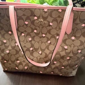 Coach Brown Signature Canvas Tote with Pink Hearts and Trim